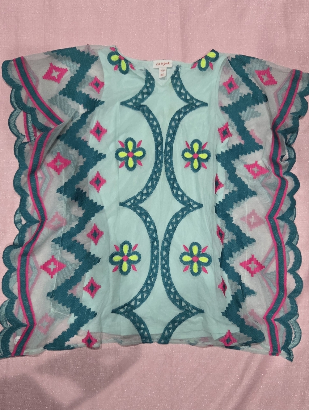 Cat & Jack Mint Sheer Tunic with Teal & Pink Embroidery